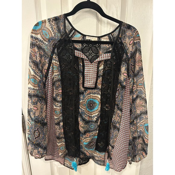 Meadow Rue Tops - Meadow Rue Blouse Multicolor‎ Paisley Crochet Lace Tassel Anthropologie Boho Top